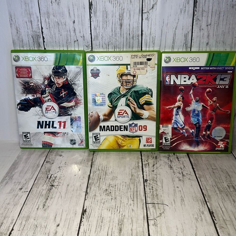 Microsoft Xbox 360 lot of 3 Sports‎ Games Madden 09 Brett Favre NHL 11 NBA2K13
